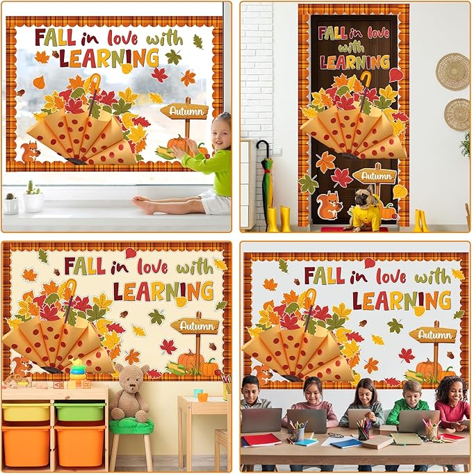 3D Fall Bulletin Board Set Autumn Classroom Decorations Umbrella Cutouts Fall in Love with Learning Paper Cutouts 101Pcs for Thanksgiving School Chalkboard Home Wall Door Teacher Supplies