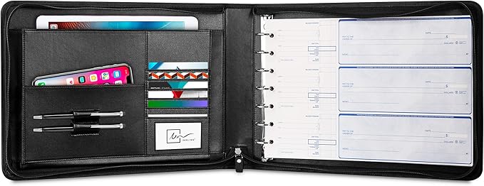 Inkline 7 Ring Check Binder Portfolio -Professional PU Leather Binder with Zippered Closure -500 Check Capacity -9x13 Inch Sheets -Document & Card Organizer -Large Tablet Pocket - Brown (80006)