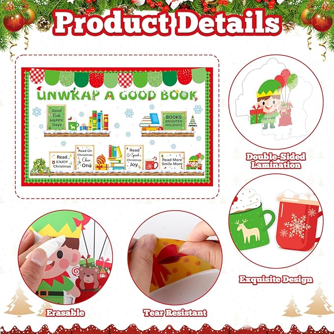 Christmas Bookshelf Bulletin Board Set Unwrap A Good Book Motivational Classroom Decor Reading Library Positive Paper Cutouts Red Green Bulletin Board Border for School Holiday Party Decor Supplies