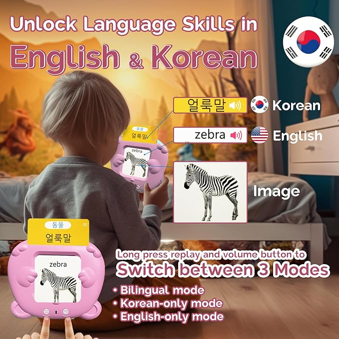 English Flash Cards Bilingual - Korean Talking Flash Cards for Kids, Pocket Speech for Toddlers 3-12, 510 Sight Words of 31 Varieties, Sensory Toys Children with Autism (Korean, Pink)