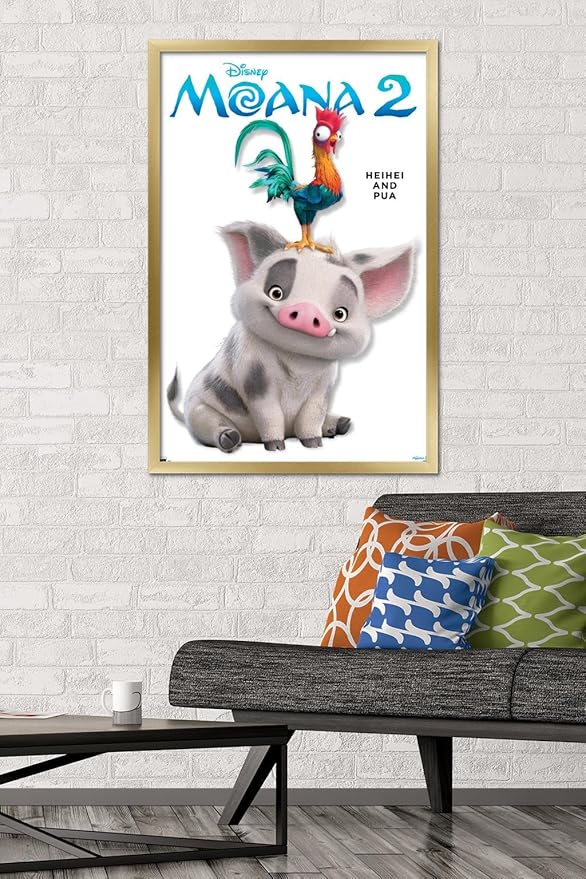 Disney Moana 2 - Heihei and Pua Feature Series Wall Poster, 34L" x 22.4W", Gold Framed Version