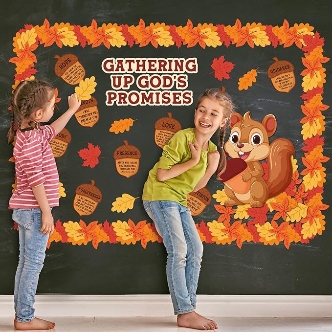 Sayglossy 105 Pcs Fall Thanksgiving Religious Bulletin Board Set Classroom Decorations Squirrel Cutouts Autumn Gathering up God's Promises Christian for Sunday School Church Decor