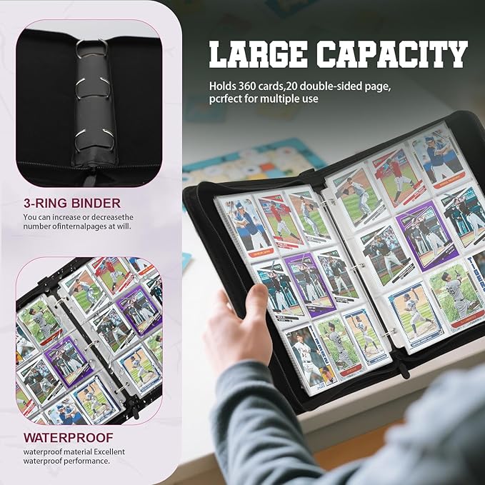 Trading Card Binder with Sleeves 9 Pocket Premium 720 Double Sided Pocket PU Card Collection Binder, Collectible Albums Card Folder for MTG, TCG, Sports Cards（9-Black Baseball）