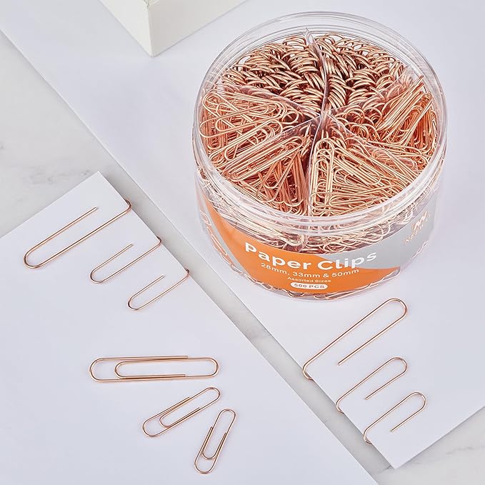 NEEWAY 500pcs Rose Gold Paper Clips Assorted Sizes Small, Medium and Large Paperclips for Paperwork Ideal for Home, School and Office Use