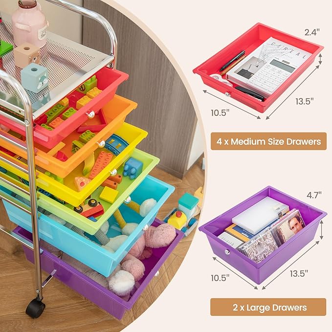 COSTWAY 6-Drawer Rolling Storage Cart, Multifunctional Art Craft Tools Organizer on Wheels, Heavy Duty Utility Mobile Storage Trolley w/ 2 Lockable Wheels for Home Office School (Multi-color)