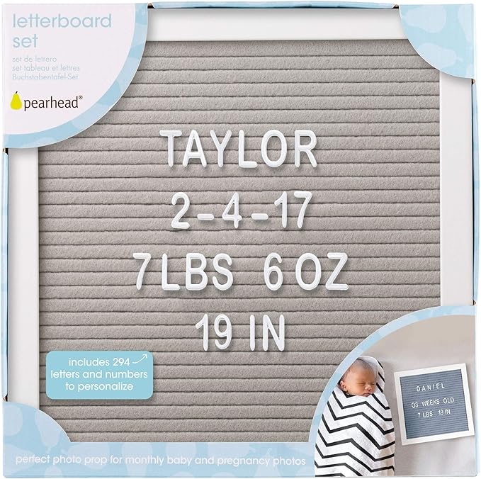 Pearhead Classic Wooden Letterboard, Gender-Neutral Baby Keepsake Nursery Décor, Photo Prop Message Board, Gray and White (Pack of 2)