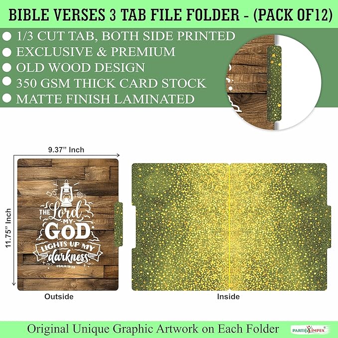 PARTH IMPEX 12 Pack Decorative File Folders, 1/3 Cut Tab with Assorted Positions, Letter Size Paper Holders (9.37” x 11.75”) Matte Finish Laminated - Motivational Inspirational Bible Verse Quotes
