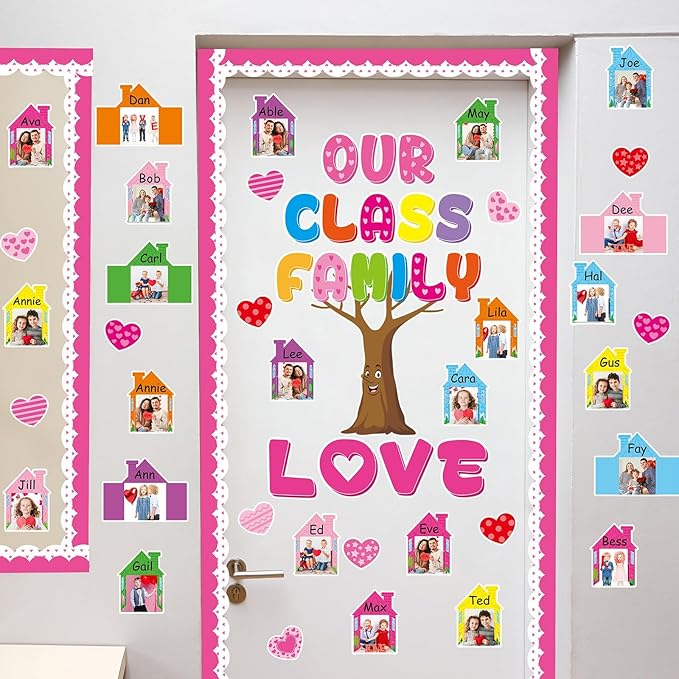Valentine's Day Classroom Bulletin Board Decor Set with 3D Paper Photo Frame House Pink Red Heart Paper Cutouts Our Class Family is Love Tree Bulletin Board for Home Office School Classroom Wall Decor