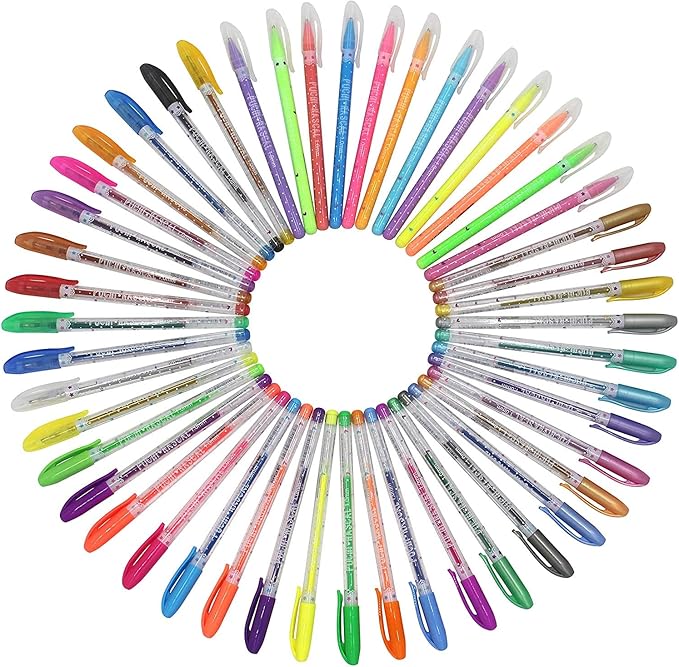 Coloured Gel pens, Gel pens Set, Including Metallic, Pastel Colours, neon, Glitter for Adult Colouring Books, Scrap Booking, Dyeing, doodling, Sketching and Craft, Pack of 48 Rollers with 1.0 mm tip