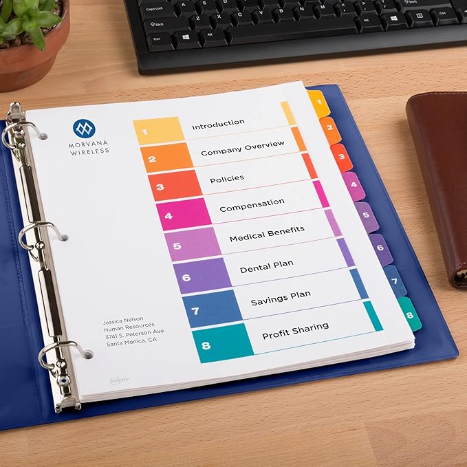 Avery Extra-Wide Dividers for 3 Ring Binders, 8 Tabs per Set, Customizable Table of Contents, Multicolor Tabs, Works Great with Sheet Protectors (11163)