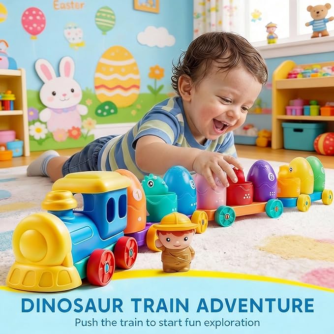 Play-Act Learning Toy for Toddlers 1 2 3 Years Old, Counting, Matching & Sorting Montessori Learning Dinosaur Train Including 9 Dinosaurs, Easter Basket Stuffers Birthday Gift for Baby Boys Girls