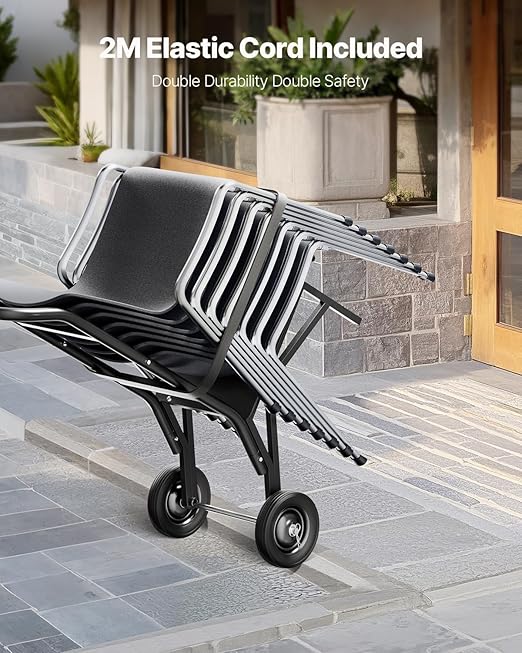 VEVOR Folding Chair Rack, 150 LBS Capacity, Heavy-Duty Chair Cart for Stacking 10 Chairs, Multi-Function Metal Chair Storage Dolly with Rubber Wheels, Push-Style Chair Holder, Matte Black