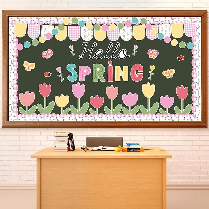 Hello Spring Bulletin Board Decorations Tulip Cutouts Pink Floral Bulletin Board Set Spring Classroom Decor for School Classroom Office Chalkboard Wall Door Window Party Supplies