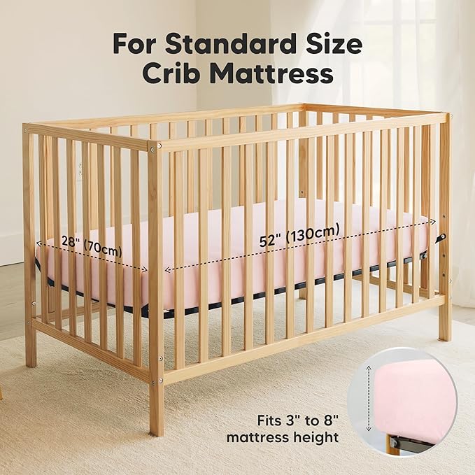2-Pack Waterproof Crib Sheets for Boys, Girls - 52x28 Fitted Organic Cotton Baby Crib Sheets, Toddler Mattress Protector Cover, Washable, Soft & Durable Baby Bedding Essentials (Mist Rose)