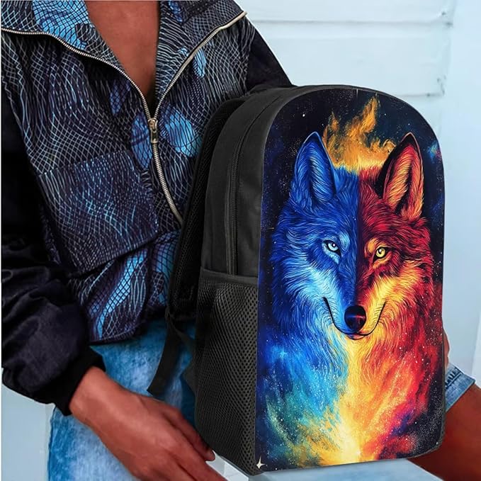 CLOHOMIN Fire Wolf Kids Bookbag with Lunch Box 6th Grade Cool Backpack and Lunch Bag Set for Boys Girls 12-14 Years Old Elementary School Schoolbags Set with Lunch Tote Pencil Case, 3 in 1