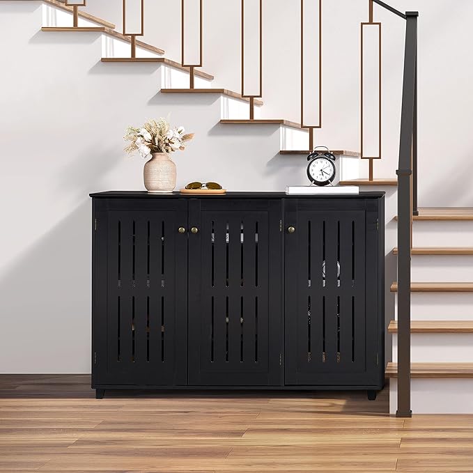 Yaheetech Shoe Storage Cabinet Floor Storage Organizer Wooden Cabinet with 3 Doors Adjustable Shelf for Entryway Living Room Home Office Black