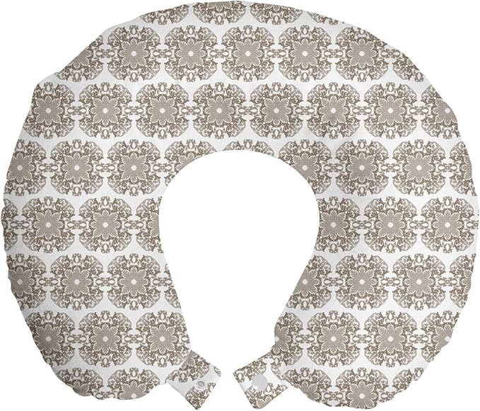 Ambesonne Taupe Travel Pillow Neck Rest, Vintage Round Baroque Style Ornament Pattern in Damask Inspired Design Botany Garden, Memory Foam Traveling Accessory for Airplane and Car, 12", Taupe White