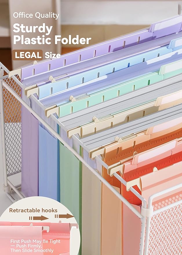 Plastic Extra Capacity Legal Size Hanging File Folders, 2" Pastel Expanding Pocket, Heavy Duty for Filing Cabinet, Insertable 1/5-Cut Tabs - 12 Pack