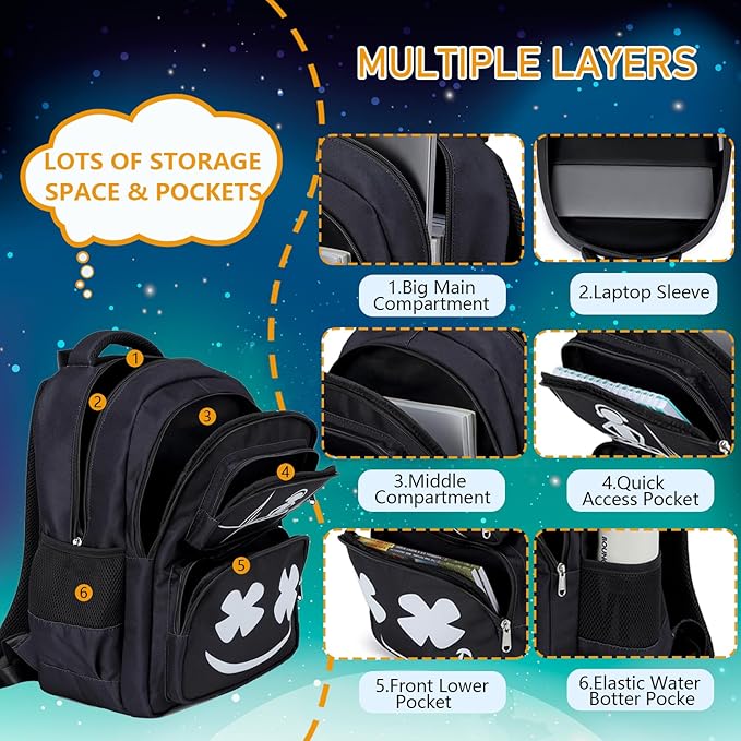 Boys Backpack with Lunch Box Glow in Dark Kids Ages 4-12 Kindergarten Elementary Middle School Teens Bookbag Mochilas Para Niños, Luminous Face Black