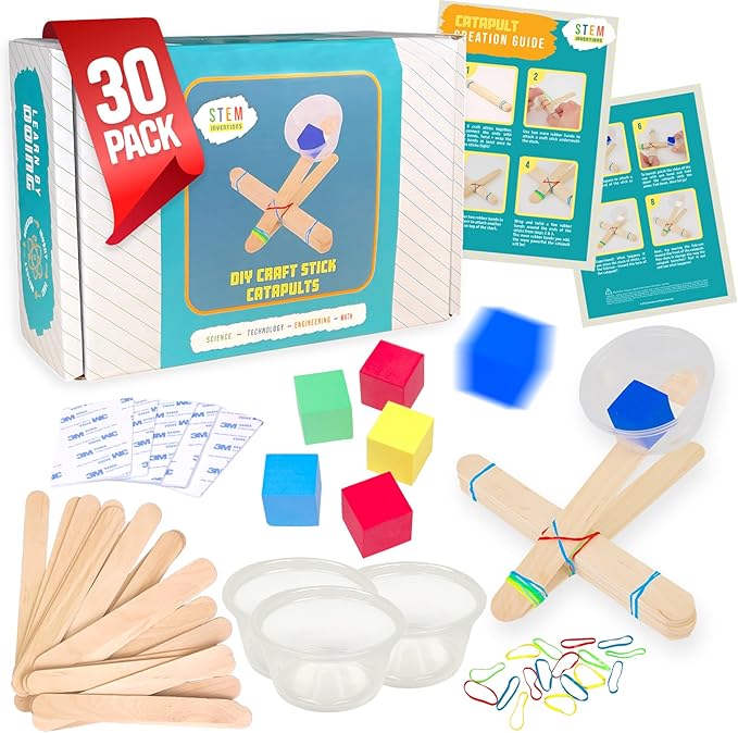Catapults Kit – Supplies to Build 30 Mini Toy Catapults - Complete Bulk STEM Project Kit for Kids and Classrooms, Ages 8 and up