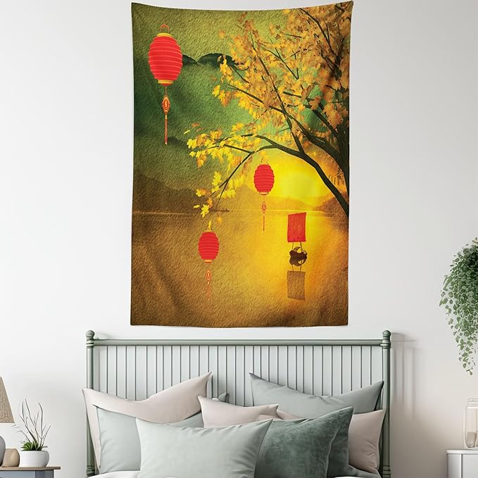 Ambesonne Oriental Tapestry Queen Size, Traditional Chinese Folk Hanging from Pale Fall Trees Lake Faded Nature Photo, Wall Hanging Bedspread Bed Cover Wall Decor, 88" X 88", Yellow Green