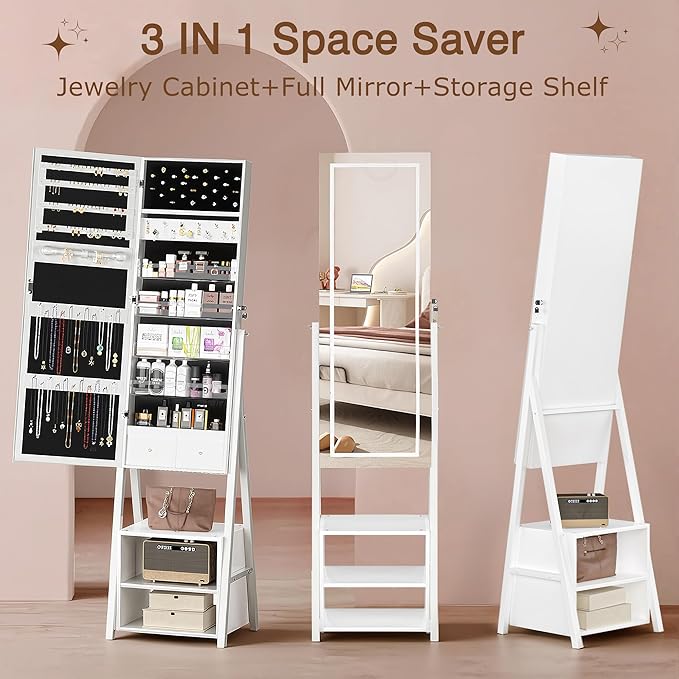 VECELO Jewelry Cabinet with Lights, 63" Full Length Mirror with Jewelry Storage, Lockable Standing Jewelry Mirror Cabinet, 3 Colors Mode, Powered By USB, White