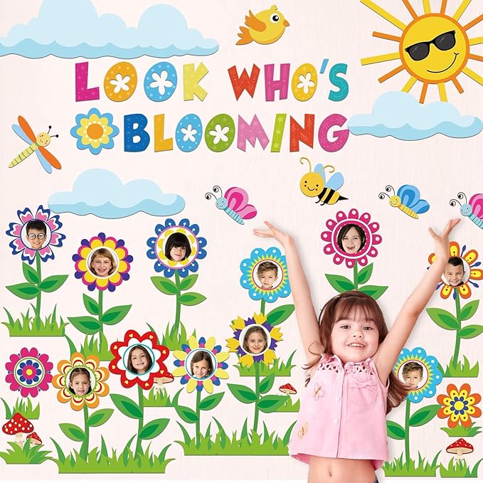 88Pcs Spring Bloom Flower Bulletin Board Decorations Set Look Who’s Blooming Classroom Decor Growth Mindset Photo Posting Craft Cutouts for School Offices Classroom Back to School Party Supplies