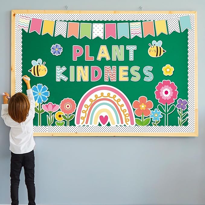98 Pcs Spring Floral Flowers Bulletin Board Decorations Plant Kindness Bulletin Board Set Spring Floral Classroom Decor Rainbow Flowers Bee Cutouts for Primary School Home Wall Decorations
