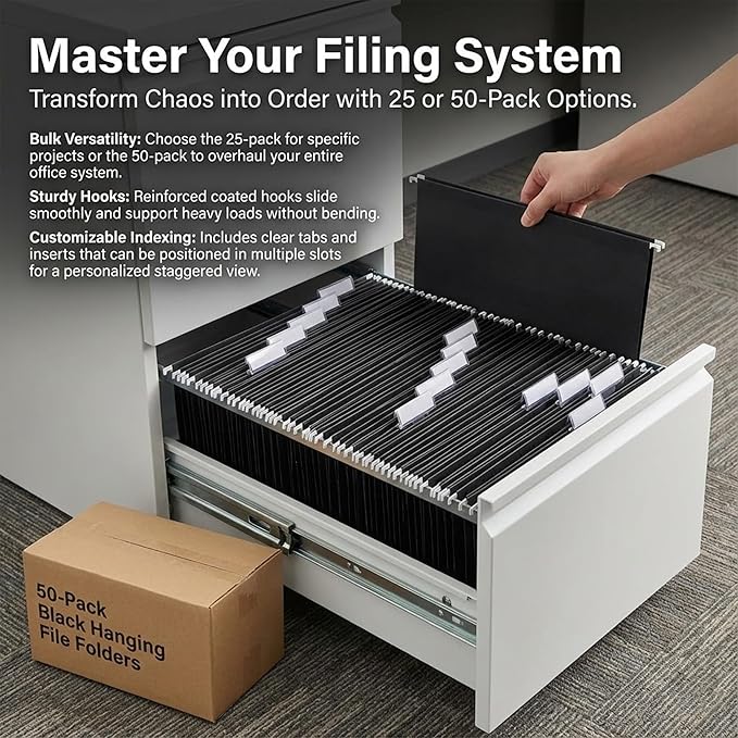 Black Hanging File Folders,50 Packs Letter Size File Folder,Designed for Bulky Files,Filing Cabinet,1/5 Adjustable Tabs for Office,School,Home