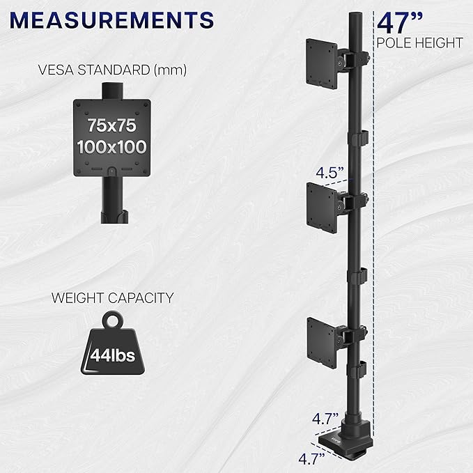 VIVO Vertically Stacked Triple Ultrawide Mount for up to 49 inch Screens, Heavy Duty Adjustable 3 Ultra-Wide Stand, 44 lbs Capacity Per Screen, Black, STAND-V300U