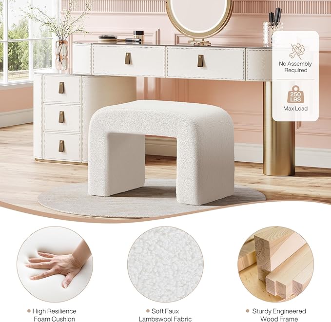 Tribesigns Foot Stool for Couch, Modern Boucle Vanity Stool Chair, Large Faux Sherpa Ottoman Foot Rest, Arched Shoe Bench or Entryway, Upholstered Extra Seating for Living Room, Fully Assembled, White