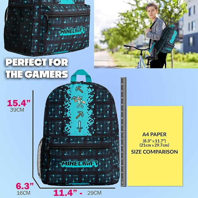 Minecraft Backpack for Boys Kids Teens Adjustable Straps Front Pocket Daypack Backpacks for Sports Gym School Gamer Gifts (Blue)