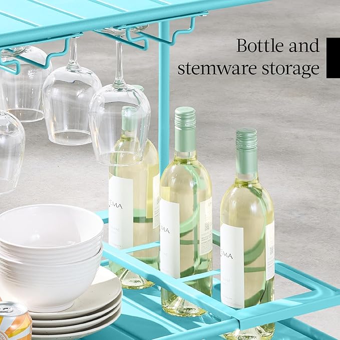 Best Choice Products Rolling Bar Cart, Mobile Home Bar Serving Cart, Serving Station w/ 2 Tier Shelves, Wine Rack, Lockable Wheels - Teal