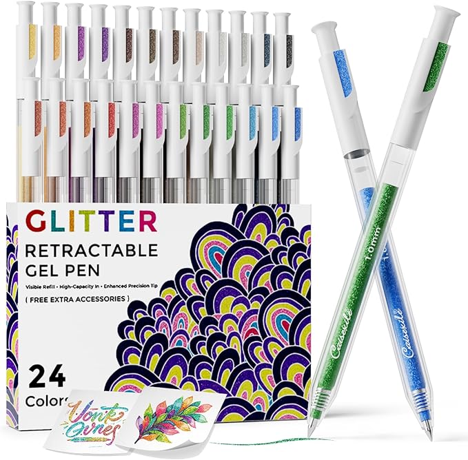 24 Colors Retractable Glitter Gel Pens, Colored Gel Pens, For Artists Coloring Books Drawing Journaling Doodling Writing