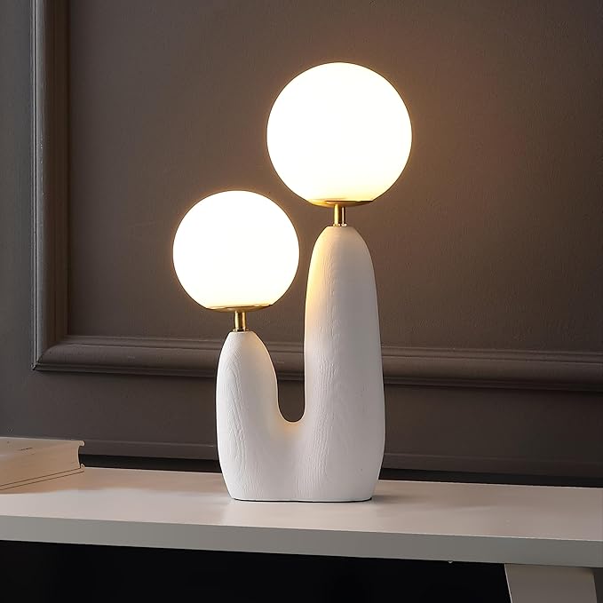 JONATHAN Y 17.75" White/Brass Gold Modern Bohemian Danish Cactus LED Table Lamp, 2-Light Mid-Century Minimalist Desk Light for Bedroom Living Room, Frosted Glass Globe Shades (JYL4065B)
