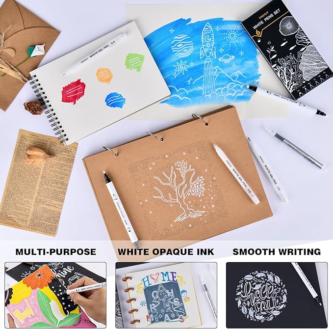 HNIHUY White Ink Pens, Fine Point White Gel Pens, Brush Tip Acrylic Markers, Dual-Tip Opaque Paint Pens for Black Paper Drawing, Sketching, Illustration, Card Making, 6 Pack