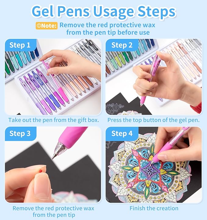 Gel Pens For Coloring, 54 Colors Retractable Colored Pens for Black Paper & White Paper, 0.7mm Fine Point Colorful Pens for Coloring, Writing, Drawing, Journaling, Note Taking, Office, Home