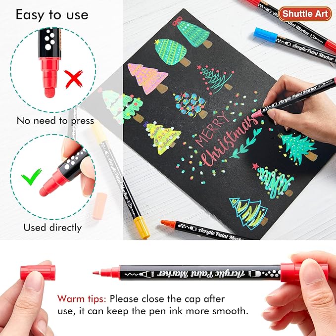 Shuttle Art 36 Colors Dual Tip Acrylic Paint Markers, Dot Tip and Fine Tip Acrylic Paint Pens for Rock, Ceramic, Wood, Canvas, Plastic, Glass, Stone, Calligraphy, Card Making, Crafts & Nail Art