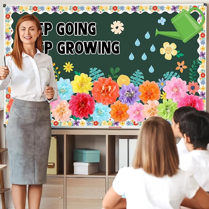 3D Pom Wildflowers Bulletin Board Decorations Set Paper Flowers Bulletin Board Decor Keep Going Keep Growing Decor Floral Blackboard Border Sunflower Cutout for Back to School Classroom Wall Decor