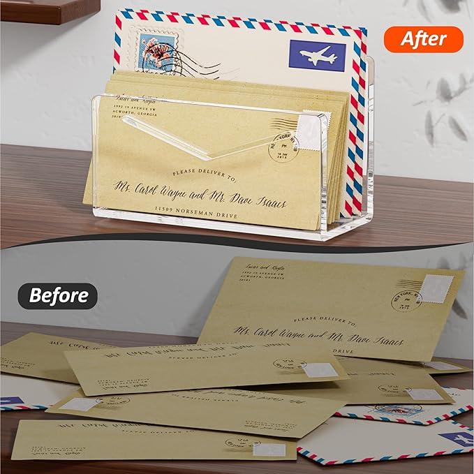 Acrylic Mail Holder, Clear Acrylic File Letter Organizer, Vertical Envelope Mail Holder for Desk, Lightweight Countertop Bill Holding Sorter Letter Invoice Stand for Home Office School