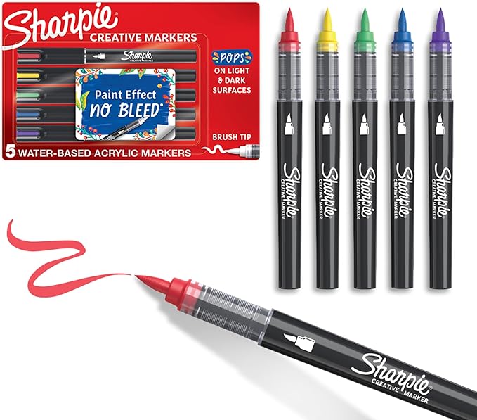 Sharpie Creative Markers, Water-Based Acrylic, Brush Tip, Assorted Colors, 5 Count – Arts & Crafts, Kids Activity, School Classroom; Works on Paper, Metal, Wood, Ceramic, Glass, Rock, Canvas
