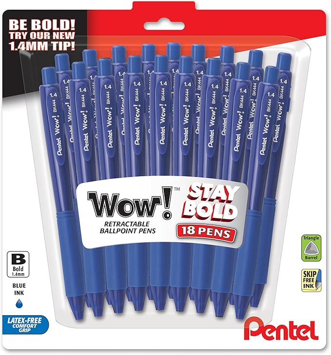Pentel Wow! Retractable Ballpoint Pen, (1.4mm), Bold Line, Blue Ink, Pack of 18 (BK444BP18C)