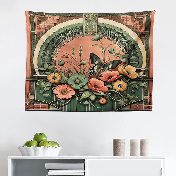 Ambesonne Boho Tapestry, Traditional Japanese Ornaments with Floral Balcony with Butterfly Spring, Fabric Wall Hanging Decor for Bedroom Living Room Dorm, 28" X 23", Dark Salmon Laurel Green