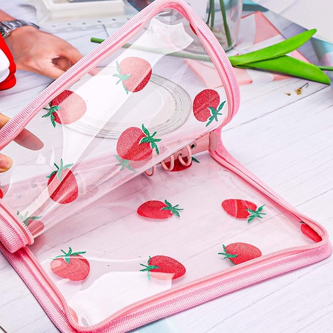 AxeWoodz Pink A5 Zipper Binder Clear Refillable Notebook Shell Cute Strawberry Lace Cover 6 Ring PVC Binder Cover for Photocard Planner Journal Photo Album