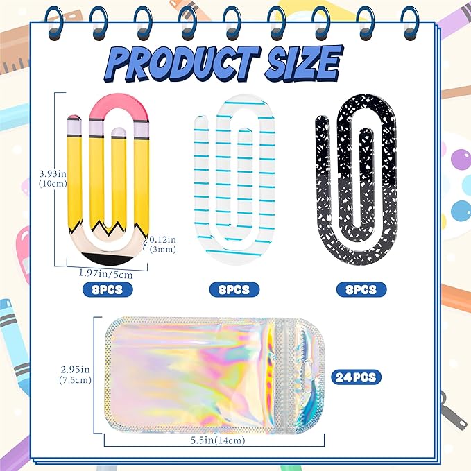 48 Pack Jumbo Acrylic Paper Clips, 4" X 2" 24Pcs Teacher Paper Clips with 24Pcs Gift Bags Personalized Paperclips Bookmark for Home Office Back to School Supplies (Pencil,Notebook,Eraser)