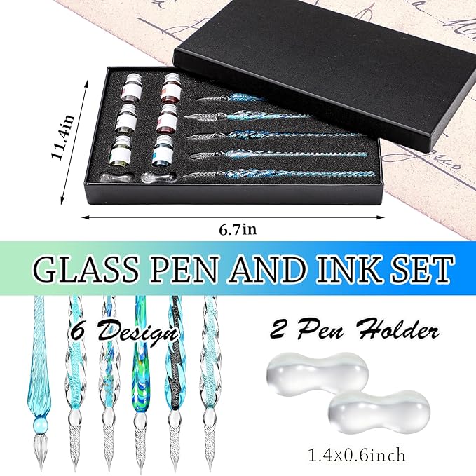 Zonon Glass Dipped Pen Ink Set 14 Pcs Include 6 Pcs Glass Dip Pen, 6 Colorful India Ink and 2 Holder Crystal Signature Calligraphy for Art, Writing, Gift(Blue Color System)