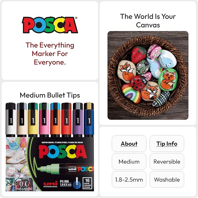 uni POSCA PC-5M Water-Based Paint Markers, Reversible Medium Tip (1.8-2.5mm), Assorted Colors, 16 Pack
