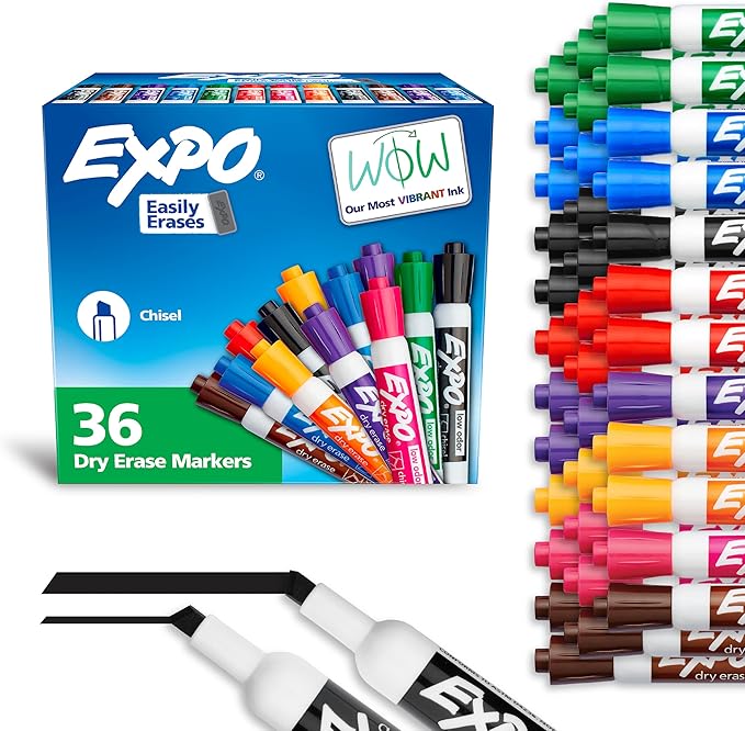 EXPO Chisel Tip Dry Erase Markers Low-Odor Assorted Colors Pack of 36 - Ideal for Classrooms Offices and Homes