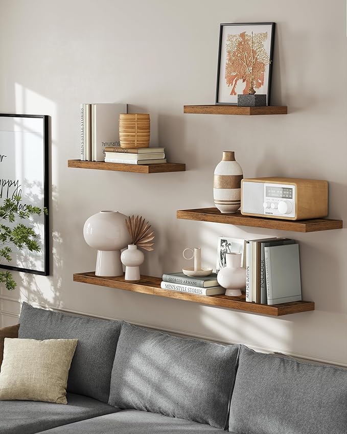 VASAGLE Wall Shelves Set of 3, Floating Shelves, 8 x 15.7 x 1.5 Inches, Display Shelves for Picture Frames, Wall Decor, Hanging Shelf for Living Room, Kitchen, Rustic Brown ULWS055B01