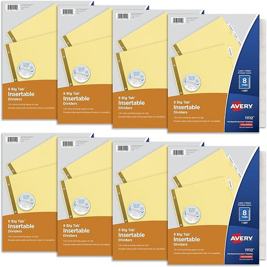 Avery 8 Tab Binder Dividers, Insertable Clear Big Tabs, 1 Set Pack, 8 Packs, 8 Sets Total (11112)